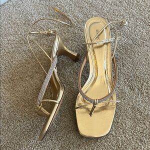 Anthropologie Maeve Gold Strappy Heels Rhinestone kitten heels sandals